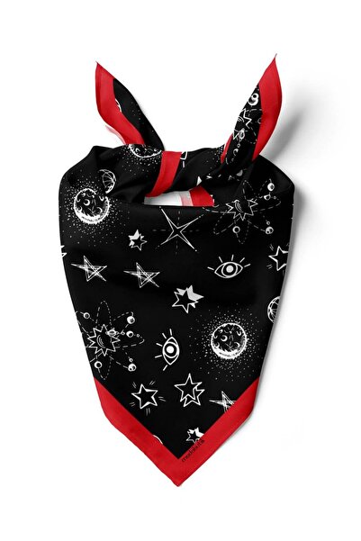 Modabutik A116 Kadın Yıldız Desenli Bandana 55x55 Siyah Beyaz DG0405-22