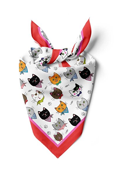 Modabutik A59 Kadın Kedi Desenli Bandana 50x50 Kırmızı DG0191-22 Snz