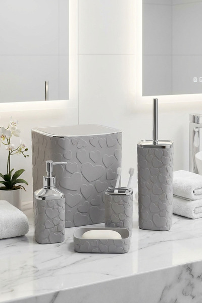 MAKRİ HOME Set de baie din 5 piese, model inimă, gri argintiu, pătrat, capac cu clic, volum: 8 litri