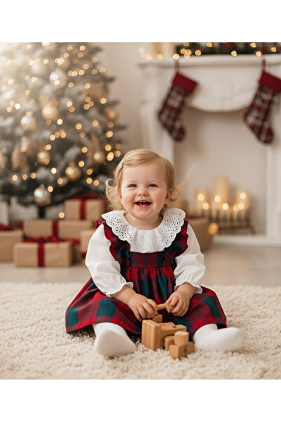 Florijee Mila– Kırmızı Ekose Kız Bebek Elbisesi | Fisto Yakalı Detaylı, Şık Y...