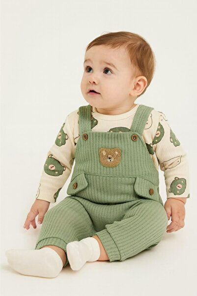 dinamik çocuk Ayı Nakışlı Erkek Bebek Tulum 3’lü Tulum Seti – Zıbın, Tulum Ve...