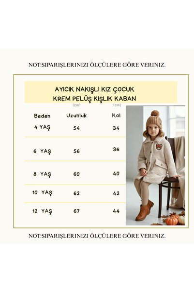 HC Kids Wear Ayıcık Nakışlı Kız Çocuk Krem Pelüş Kışlık Kaban