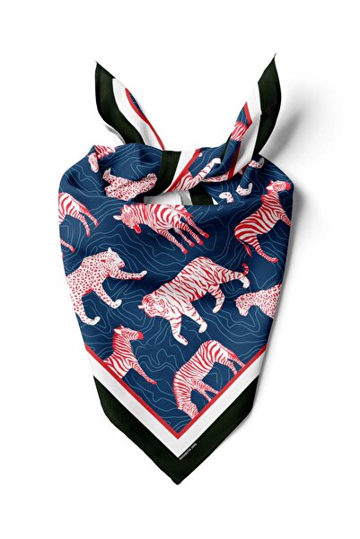 Modabutik H50 Kadın Mavi Kırmızı Animal Desenli 50x50 Bandana HYL DG01695-22