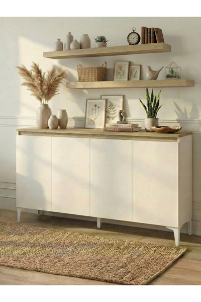 Free Home Premium MDF ürün Stella 120 Cm Konsol + 2 Adet Raf (4cm Kalınlık) Seti Antre Mutfak Dresuar Dolap