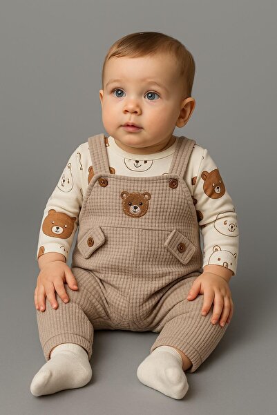 dinamik çocuk Ayı Nakışlı Erkek Bebek Tulum 3’lü Tulum Seti – Zıbın, Tulum Ve...