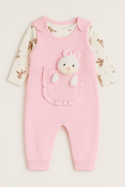 dinamik çocuk Baby Girl Romper Set with Toy Rabbit and Snap Fasteners, 2-Piece Romper Set – Bodysuit and Romper | 3-6-9 Months