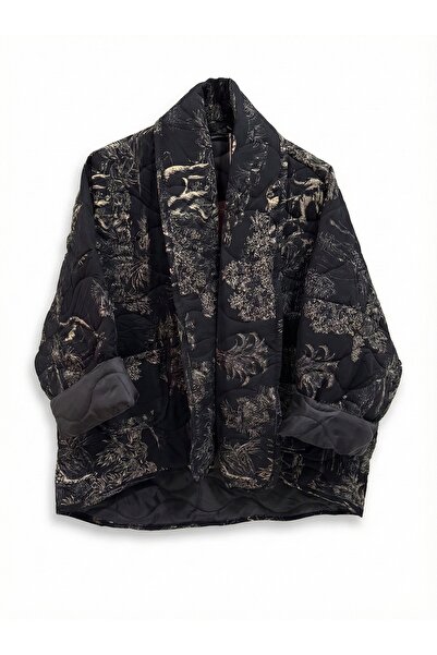 della moor Kadın Siyah İtalyan Çiçek Desenli Pamuklu Oversize Kapitone Kimono & Kaftan