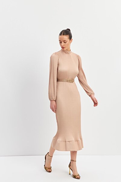Setre Bej Pile Detaylı Midi Boy Kemerli Elbise