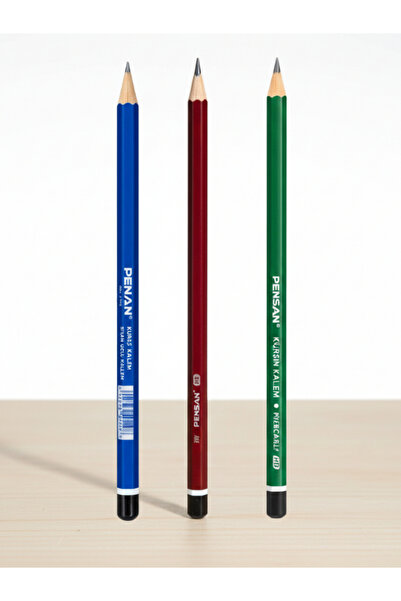 Pensan HB Köşeli Mercanlı Kurşun Kalem 1'er Adet 3'lü Set Kırmızı Yeşil Mavi