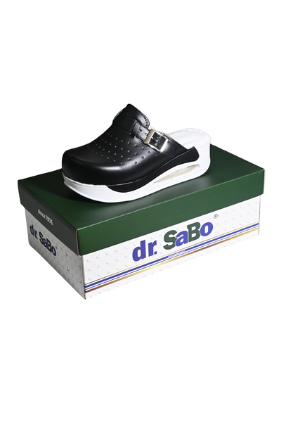 DR SABO Tokalı Siyah Renk Deri Airmax Kadın Ortopedik Terlik, Hemşire Doktor Hastane Ev Terliği