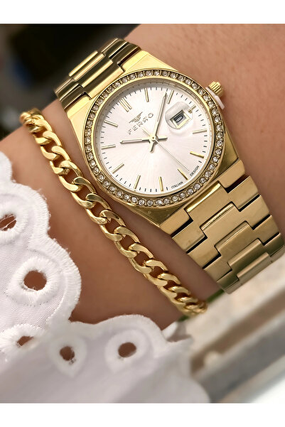 FERRO Sarı Çelik Kordon Kadın Kol Saati FL21596AWT-B 3ATM Su Geçirmez 2 Yıl Garantili Bileklik Hediye