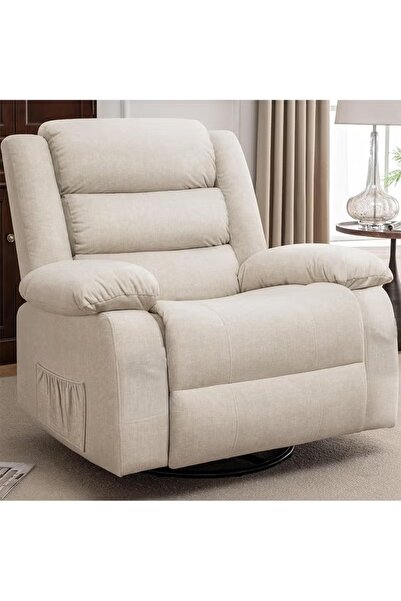 ESMART Luxury Large Swivel Rocking Recliner Fabric Chair - Lazy Boy Chair with Side Pocket - Baige