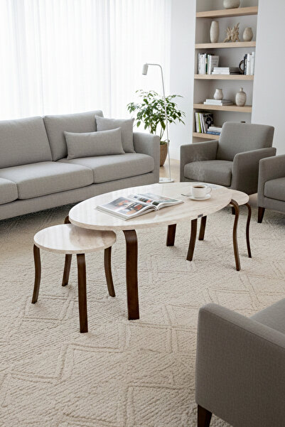 VİLİNZE Eva Ahşap 2+1 Yuvarlak Yavrulu Oval Orta Sehpa