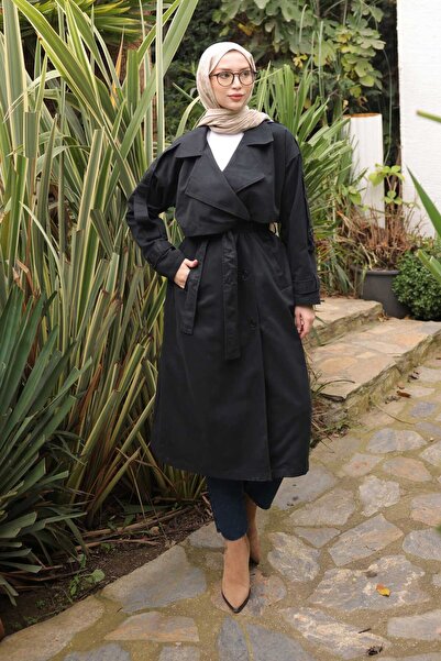 İmajButik Μαύρη καμπαρντίνα με διπλό γιακά με επένδυση