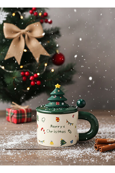 Bam كوب سيراميك مع غطاء وملعقة بتصميم السنة الجديدة