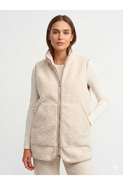 F&D Tekstil Fermuar Detaylı Dik Yaka Astarlı Peluş Yelek