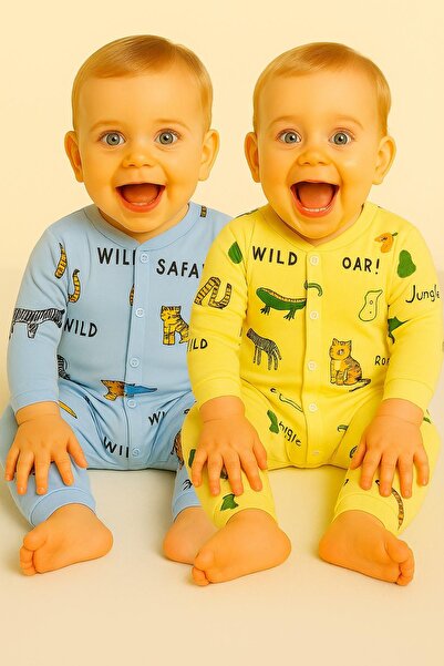 dinamik çocuk Bebek Tulum 2li Set-(2adet Tulum) Büyük Kalp Baskılı Çıtçıtlı T...