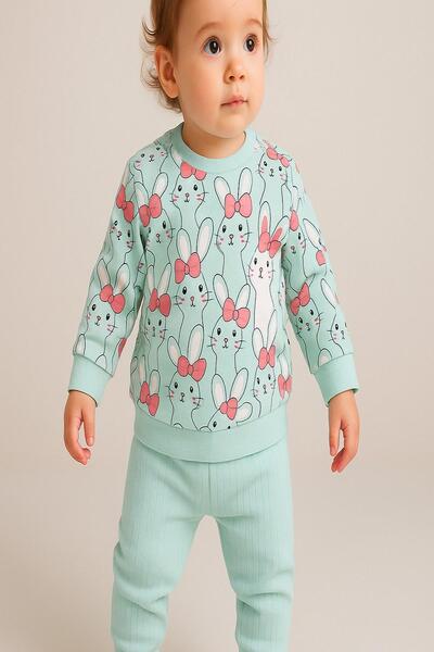 dinamik çocuk Baby Girl Double Set Rabbit Report Printed Ribbed Sweatshirt an...