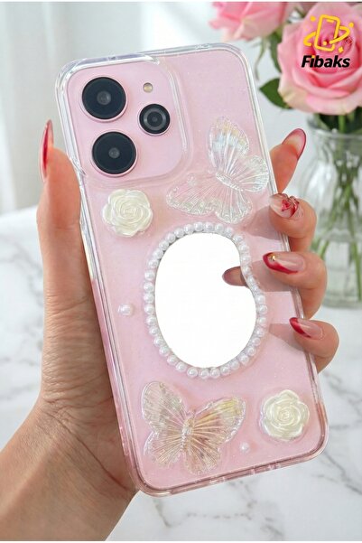 Fibaks Xiaomi Redmi 13 4G Kılıf 3D Kelebek Gül Desenli Aynalı Simli Şeffaf Tasarımlı Silikon Kapak
