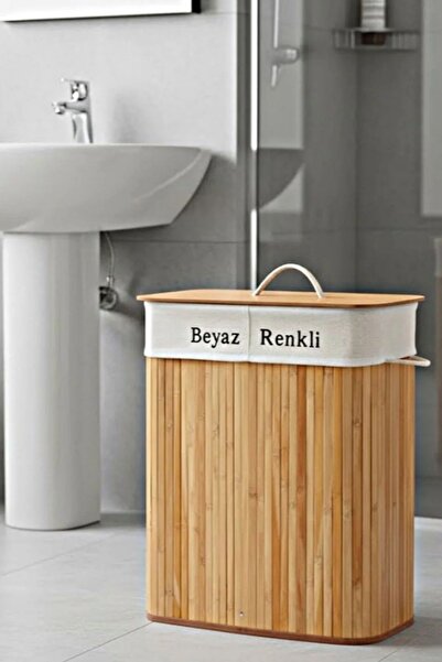 DECOSTYLE Bambu Çift Hazneli Çamaşır Sepeti – Bej | Kirli Ayrıştırmalı Kapaklı Çamaşır Organizer