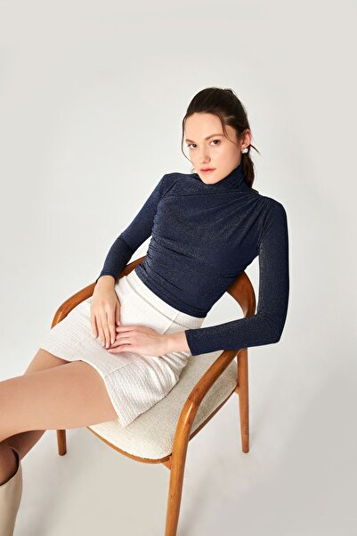 Kallisto Lacivert Simli Dik Yaka Drapeli Uzun Kollu Bluz