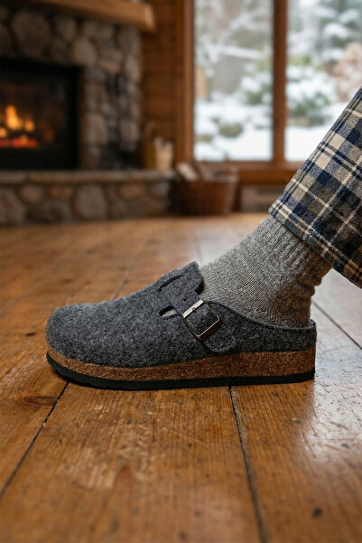 GEZER Erkek Kışlık Keçe Mantar Taban Tek Toka Ayarlanabilir Rahat Taban Ev Bahçe Terlik