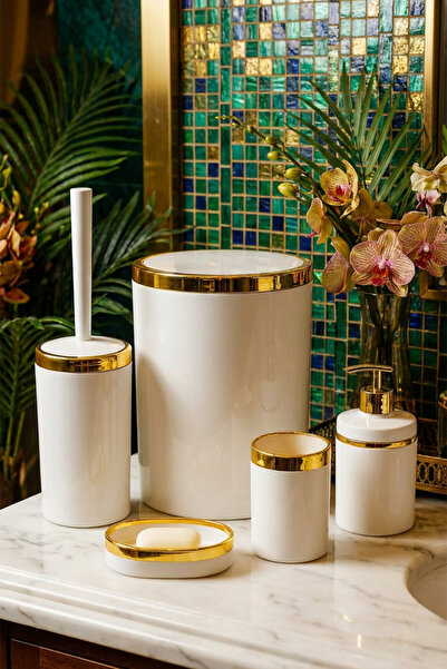 MAKRİ HOME طقم حمام أكريليك مكون من 5 قطع، أكريليك عالي الجودة، تفاصيل ذهبية اللون، أبيض