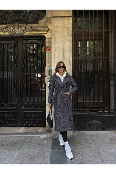 LUJJE معطف طويل منقوش بنقشة السمك مع حزام