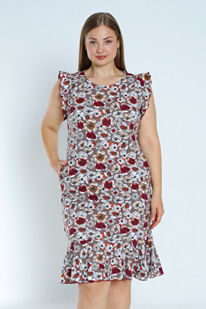 İntensive فستان نسائي منقوش مصنوع من القطن بنسبة 100% مع تنورة وجيب مكشكش مقاس كبير