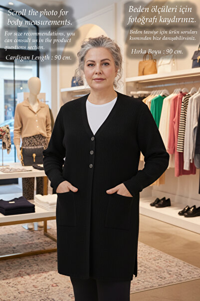 Laden Women's Knitwear Transitional Corded Fabric Large Size Stretch Fabric Long Black Mother Cardigan