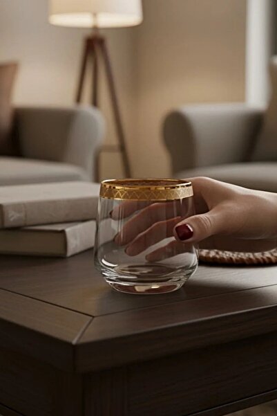 DECOSTYLE Altın Desenli Su Bardağı 6’lı 345 ml | Lüks Viski Bardağı – Premium Cam Set