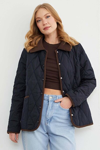 Fulla Moda Velvet Detailed Polo Collar Quilted Coat