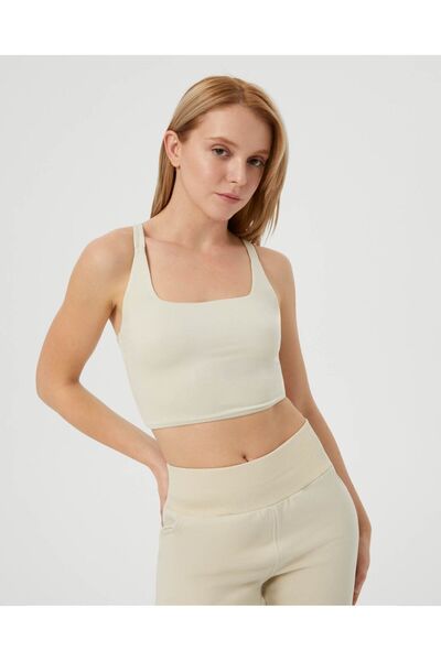 Ayma Active Cream Swimmer Strappy Square Neck Yoga Pilates Sports Bra