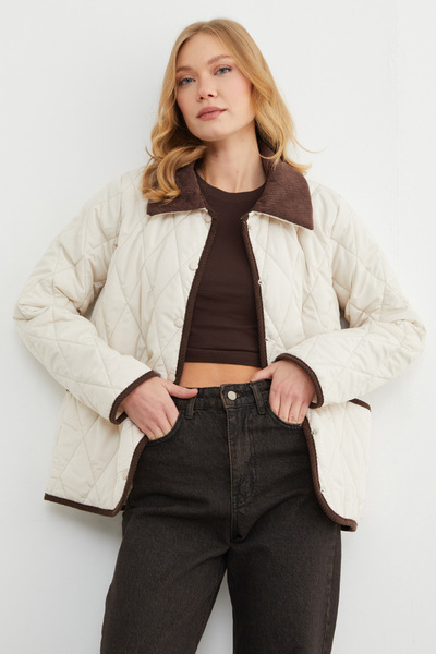 Fulla Moda Velvet Detailed Polo Collar Quilted Coat