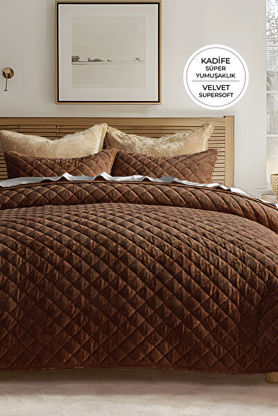Evlen Home Collection Set cuvertură de pat din catifea matlasată, supersoft, 2 bucăți, umplută cu fibre moi, maro închis