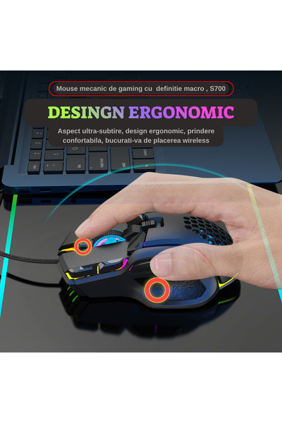 VEXOMAT Mouse de gaming S700 – 10 butoane programabile, 13 moduri RGB, 12800 DPI, software macro, USB
