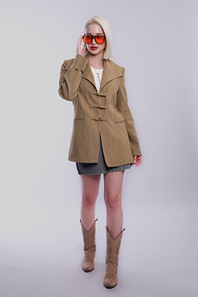 Madmext Khaki Tie Detail Blazer Women's Jacket Mg2482