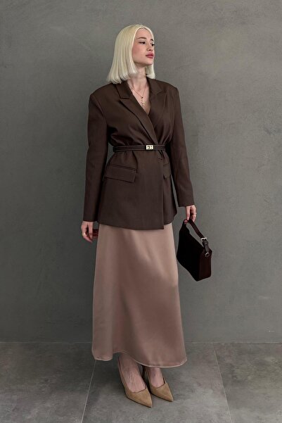 Madmext Kahverengi Oversize Blazer Kadın Ceket Mg2445