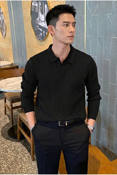 Tarz Cool Černý pánský svetr Polo s žebrovaným úpletem