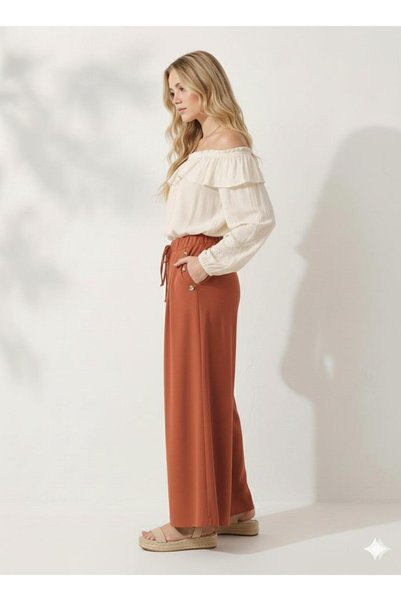 ribana Button Detail in Pocket, Elastic Waist, Wide Cut, Flared Double Crepe Fabric Trouser Skirt -31010