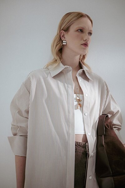 MARKALİSTE Oversized Striped Shirt Brown