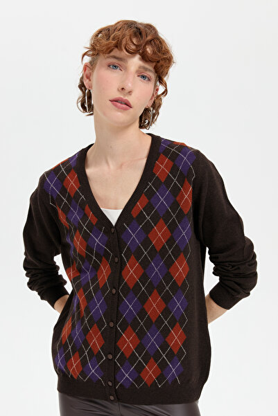 Desen Triko Γυναικεία ζακέτα με λαιμόκοψη V - Μαύρο καφέ