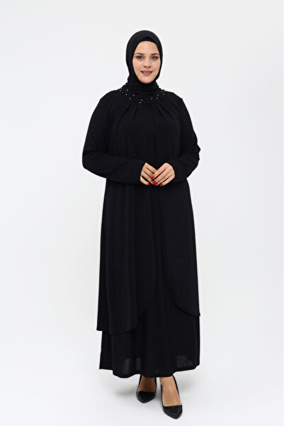 Asees Orta Beden Uzun Tunikli Yakası İncili Tesettür Abiye Elbise