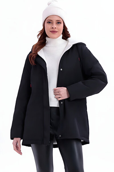 freemen Kadın Belden Lastikli Cepler Kürklü Su Ve Rüzgar Geçirmez Soğuğa Dayanıklı Kürklü Uzun Siyah Mont