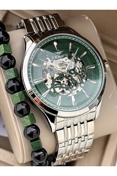FERRO Marka Otomatik (pilsiz) Gümüş Renk , Yeşil Kadran Çelik Kordon Erkek Kol Saati+bileklik