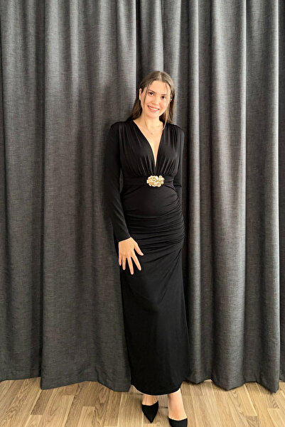 Sorridi Vatkalı Aksesuarlı Kemerli Drapeli Uzun Elbise