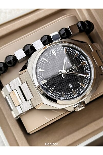 FERRO Men's Wristwatch, Silver Black Steel Band, Simple Stylish Model with Calendar, Double Bracelet