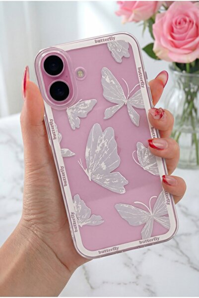 Fibaks جراب لهاتف Apple iPhone 16 Plus بتصميم نمط حماية للكاميرا وغطاء سيليكون ناعم على شكل فراشة شفافة