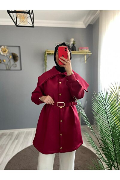 byalisdmr Jolie Asymmetrical Collar Full Snap Closure Scuba Tunic - Burgundy