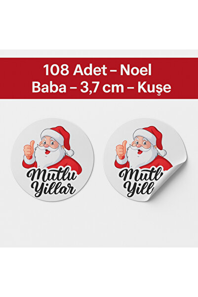 EcoNest Yılbaşı Mutlu Yıllar Yuvarlak Noel Baba Sticker 108 Adet (3,7 cm) – Kuşe – Mutlu Yıllar Etiketi